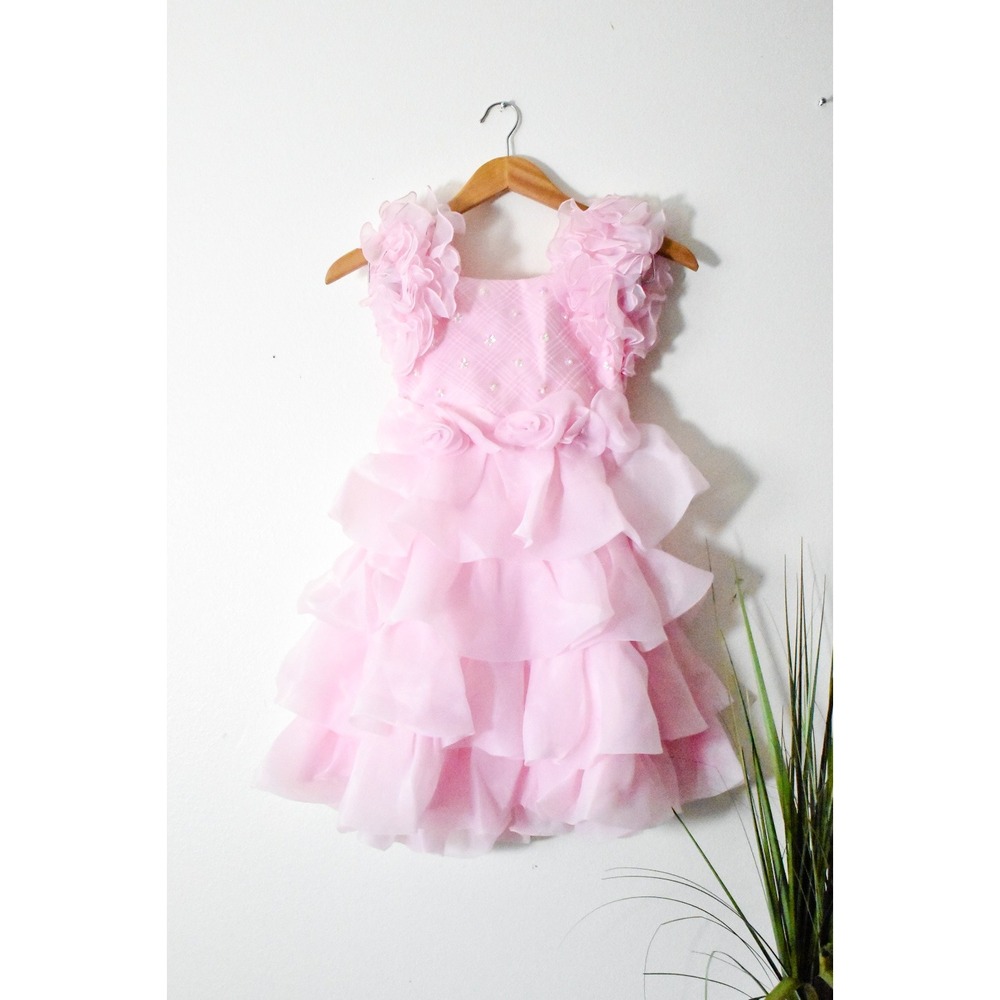 Richie House Formal Dress Girls 8 Pink Y2K Tiered Ruffle Sequin Pearl Princess